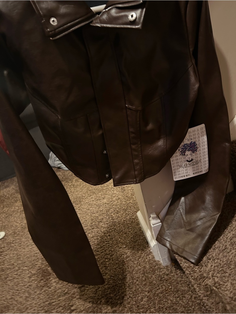 Dark Brown Faux Leather Moto Jacket - Women’s Contemporary Style
